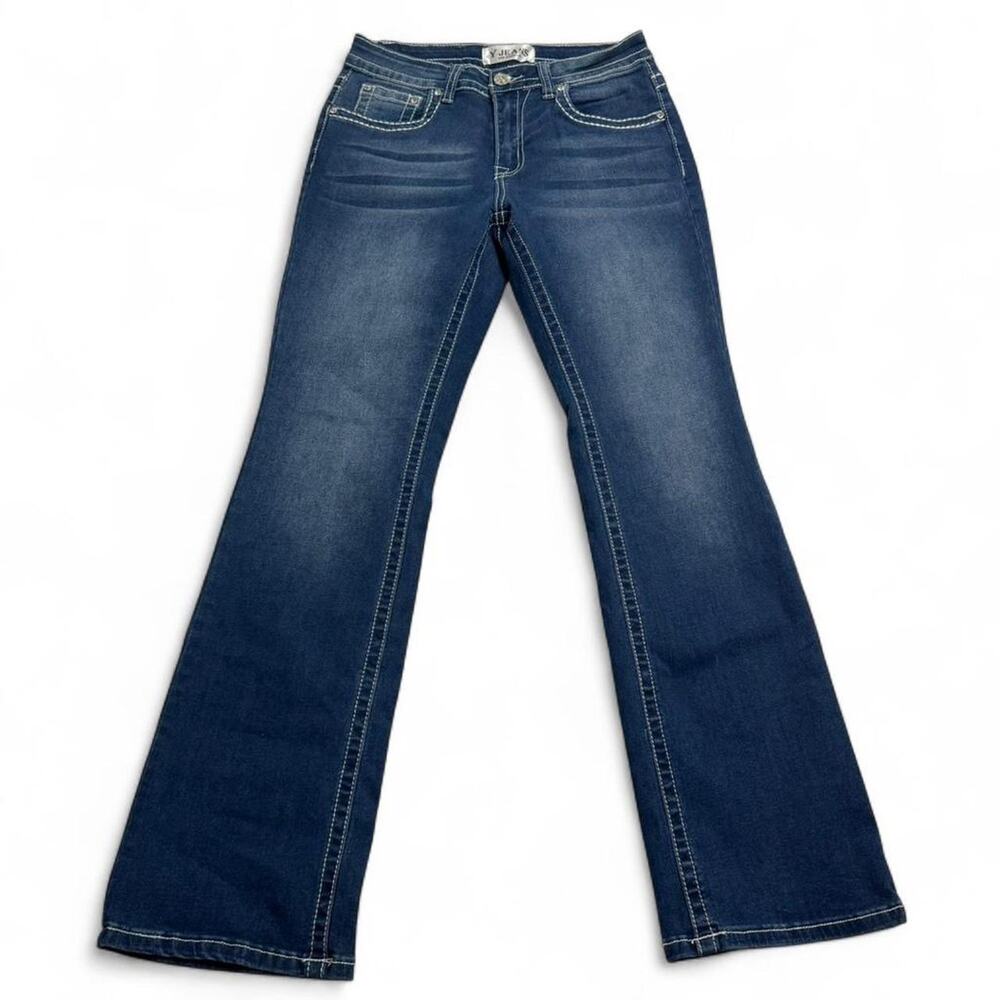 Y Jeans Los Angeles blue bootcut embellished Y2K 2000s jeans stitching size 7/8 - Picture 2 of 8